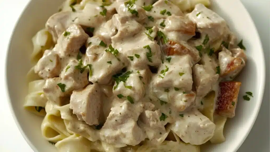 A bowl of creamy ground turkey stroganoff served over egg noodles, garnished with fresh parsley, ready for a quick and healthy dinner.