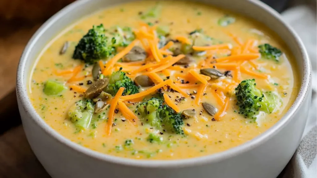 broccoli and cheese soup in a pot on a cutting board with a spoon