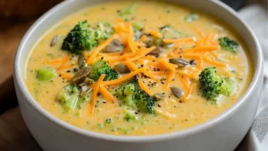 broccoli and cheese soup in a pot on a cutting board with a spoon