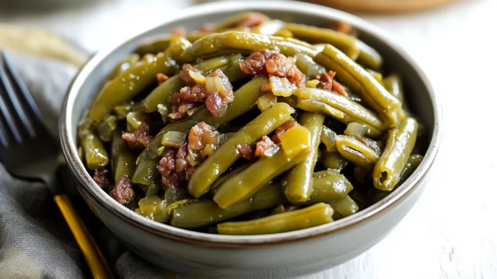 a slow cooker filled with green beans and text reading ridiculous easy slow cooker canned green beans