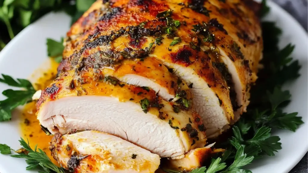 sliced turkey breast on a white plate with text overlay that reads the juicest slow cooker turkey breast it's so easy