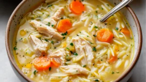 a bowl of chicken orzo soup with the title overlay reads, lemon chicken orzo soup