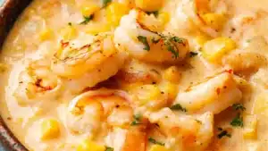 a bowl of creamy shrimp and corn bisque with garnish on the side