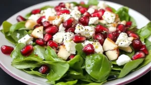 a salad with pomegranate, feta cheese and lettuce in it