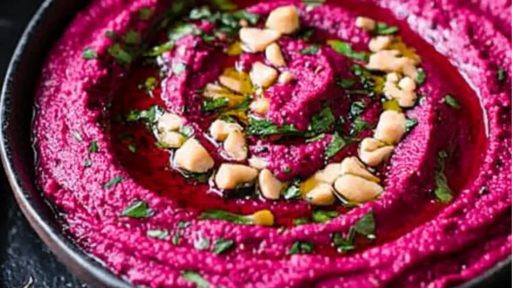 Creamy bright pink roasted beet hummus in a bowl, garnished with fresh herbs and a drizzle of olive oil, surrounded by colorful vegetables and pita bread for dipping.
