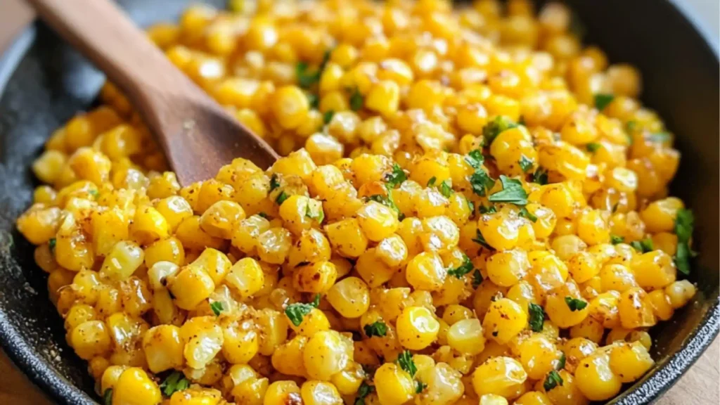 a spoon full of buttered corn with the words easy honey butter skillet corn on it