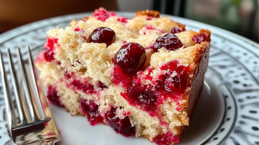 cranberry snack cake on a plate with the words cranberry snack cake above it