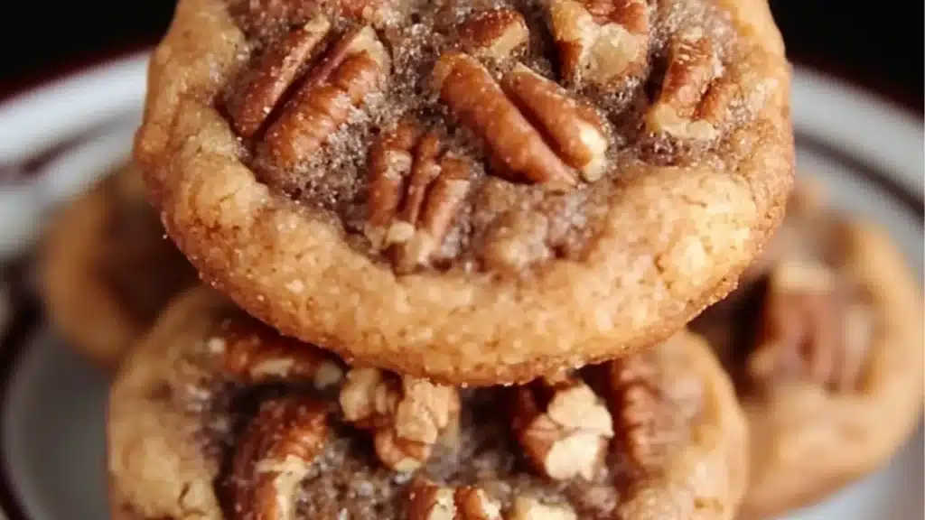 This pin features a close-up shot of freshly baked pecan pie cookies. The cookies are golden brown and topped with chopped pecans, making them perfect for holiday baking. The image showcases the simplicity and deliciousness of this easy cookie recipe...