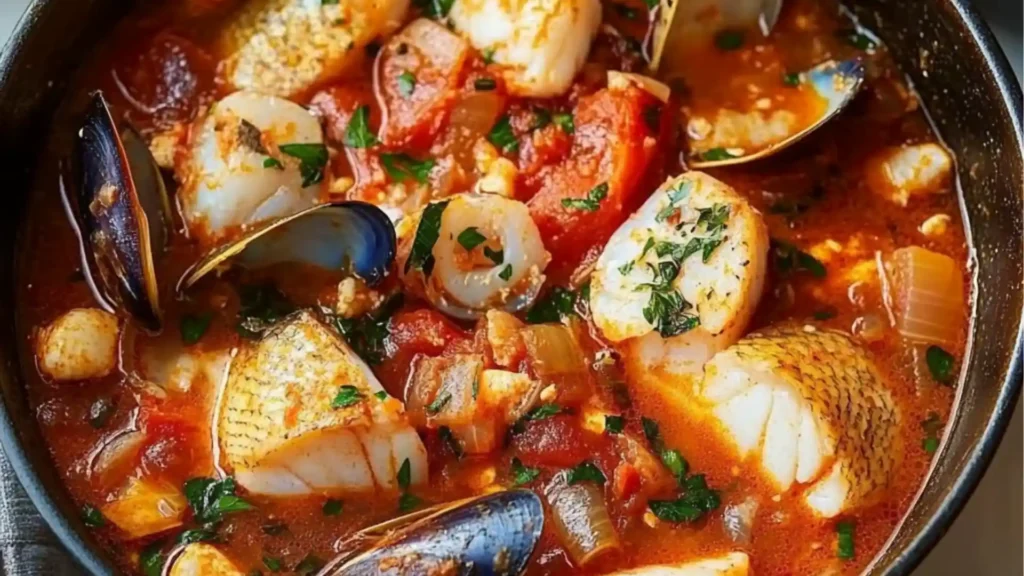 a white bowl filled with soup and mussels