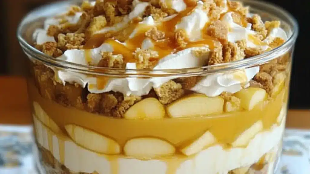caramel apple trifle recipe in a glass dish