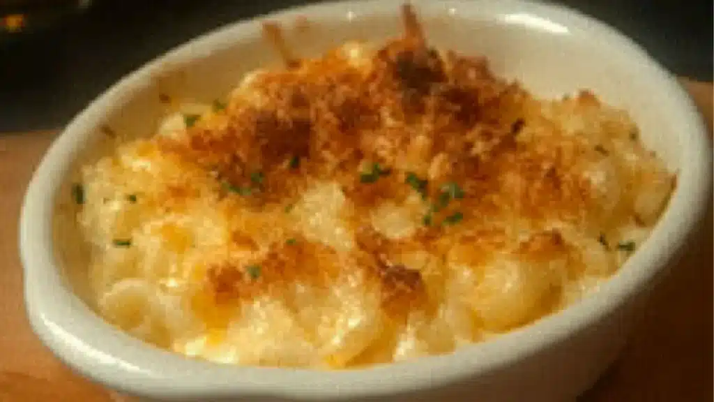 bowl filled with macaroni and cheese on top of a white table