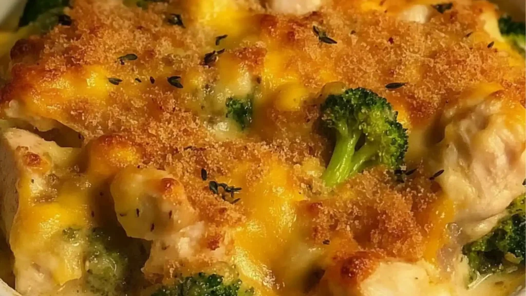 a casserole dish with chicken and broccoli is shown in two separate images