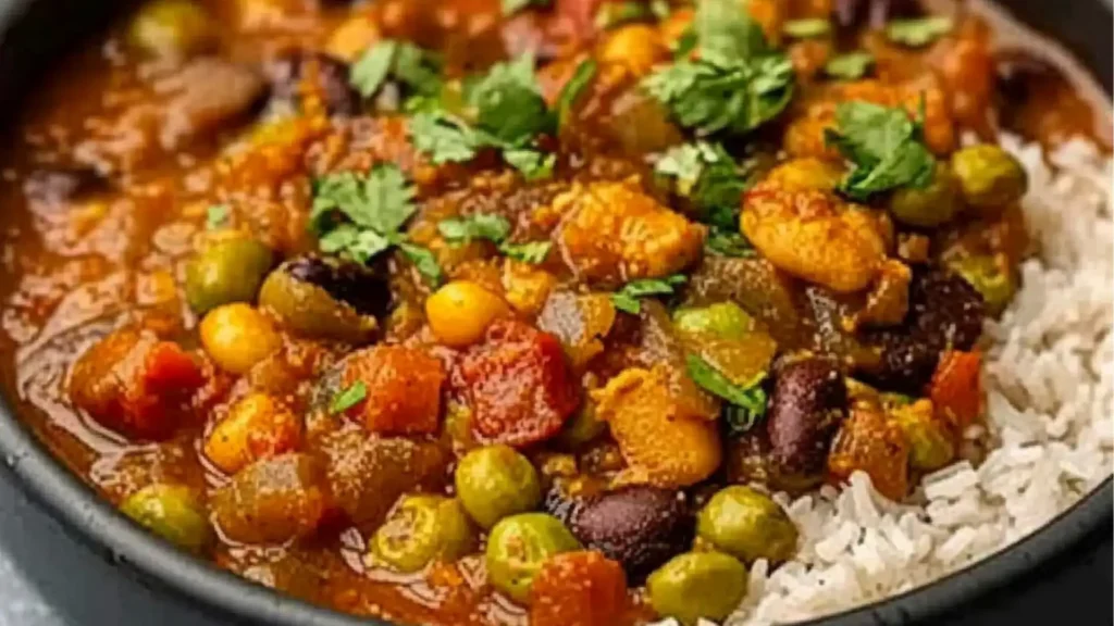 bowl filled with vegan cajun and topped with shredded cheese, on top of a