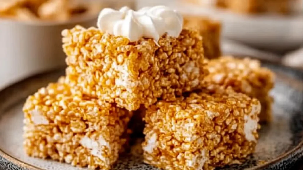 gingerbread rice krispe treats stacked on top of each other with text overlay