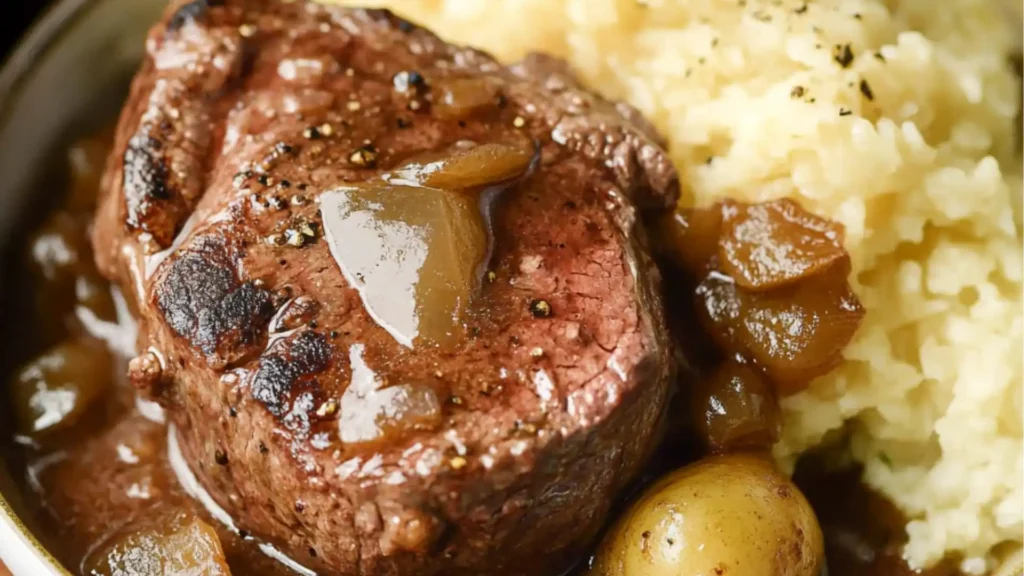 plate filled with meat covered in gravy next to another plate full of cooked steak