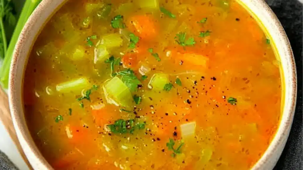 easy carrot and celery soup in a blue bowl on a checkered table cloth