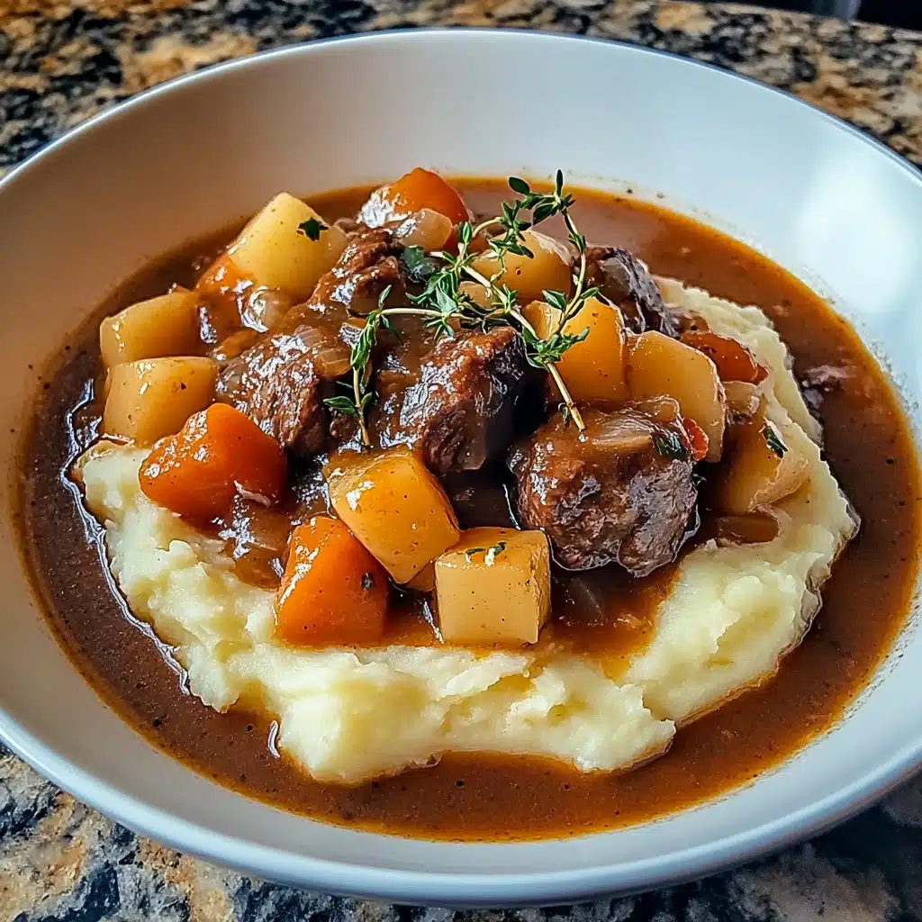 Fall Apple Cider Beef Stew over Mashed Potatoes