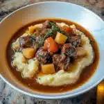 Fall Apple Cider Beef Stew over Mashed Potatoes