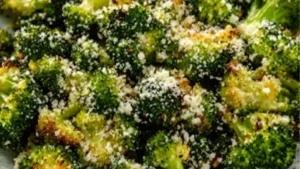 broccoli florets in a white bowl with parmesan cheese