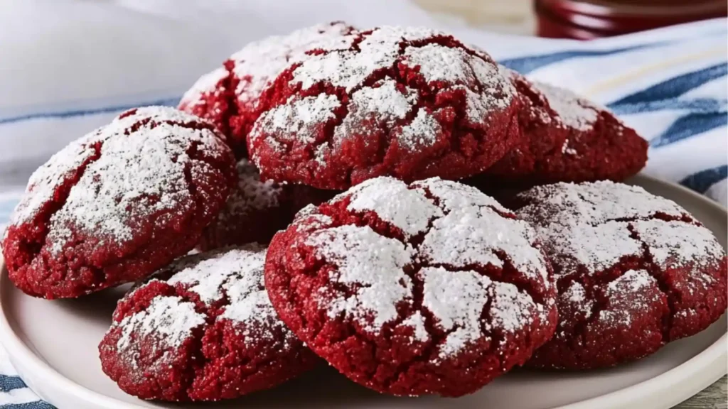 red velvet crinkle cookies stacked on top of each other with the words red velvet in