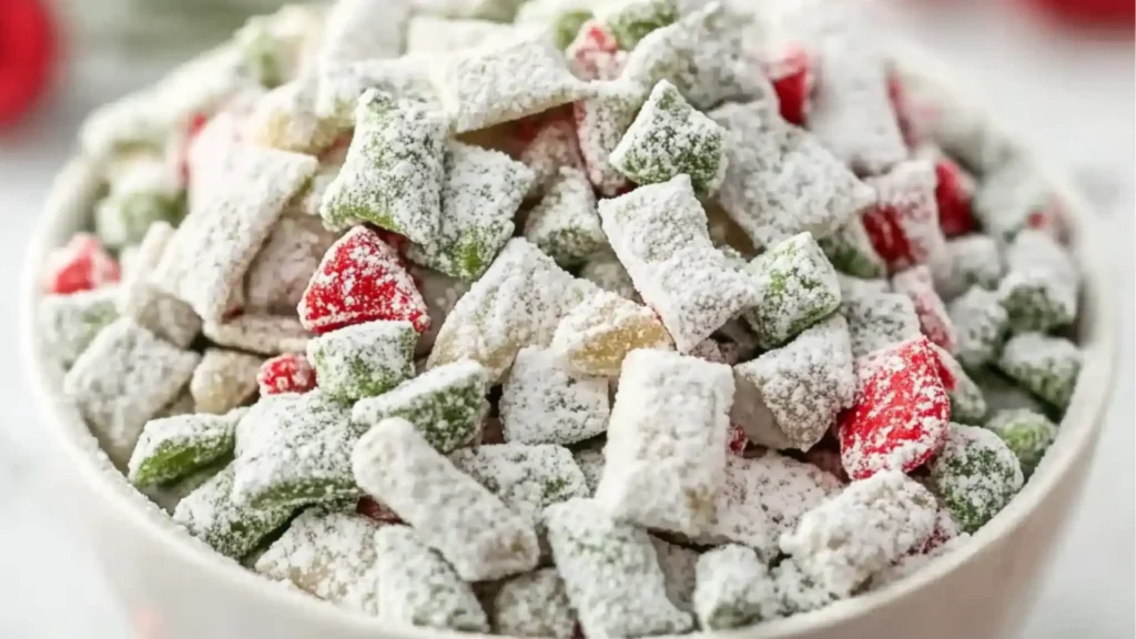 christmas puppy chow recipe in a white bowl with sprinkles on the side