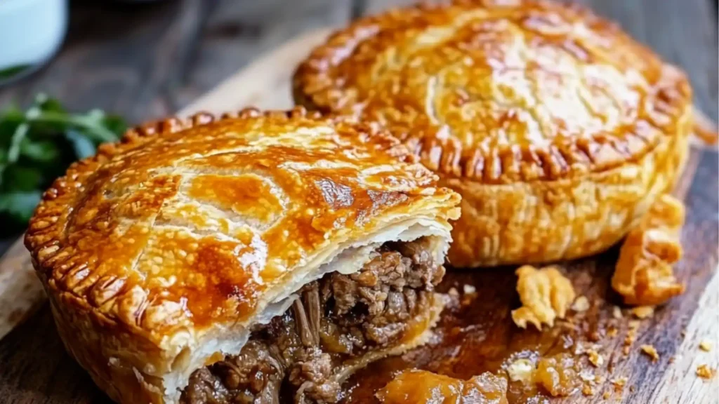 Golden-brown meat pies filled with savory beef, carrots, peas, and spices in a flaky crust.