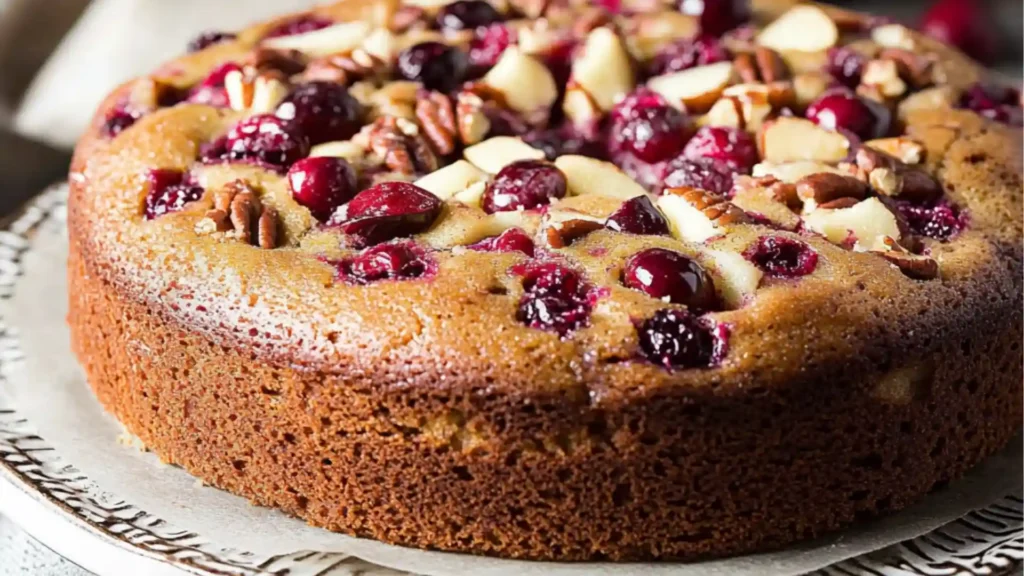 a slice of Apple Cranberry Pecan Cake on a plate.