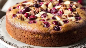 a slice of Apple Cranberry Pecan Cake on a plate.