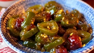 a green plate topped with red peppers covered in cranberry jalapeno cowboy candy