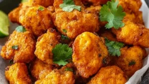 crispy fish pakora with onions and lemon wedges