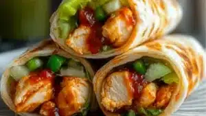 wraps filled with meat and vegetables on top of a wooden cutting board next to another wrap