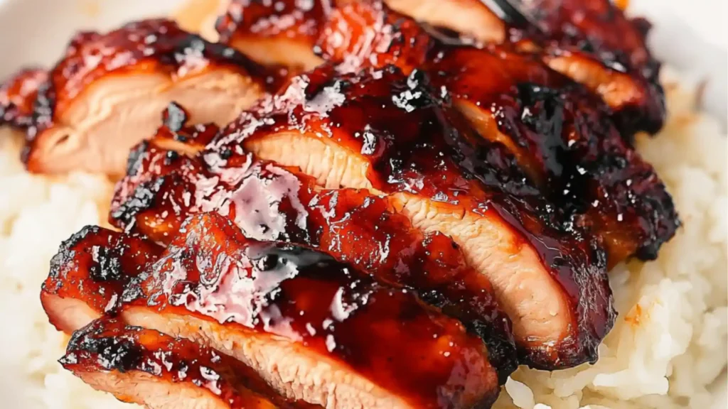 Char Siu Chicken glazed with red BBQ sauce on a white plate with chopsticks.