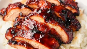 Char Siu Chicken glazed with red BBQ sauce on a white plate with chopsticks.