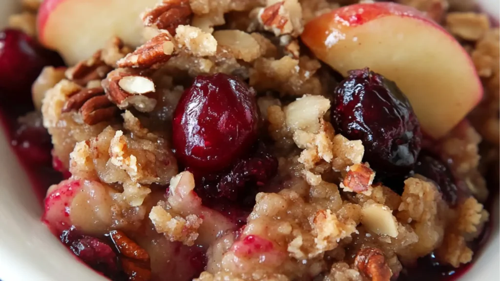 a close up of a plate of food with fruit and crumbs on it