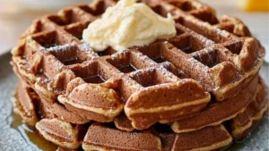 a stack of homemade gingerbread waffles with peanut butter on top
