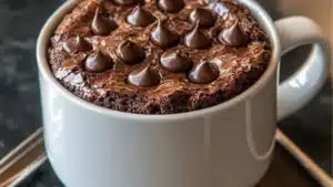 someone is spooning ice cream out of a chocolate mugcake in a white bowl