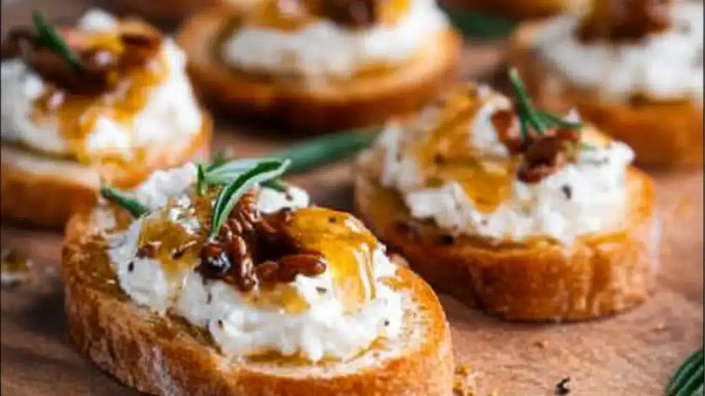 sweet and spicy whipped feta crostini with hot honey on a cutting board