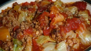 a close up of a casserole on a stove with the words, unstufffed ground beef cabbage roll casserole one - pan