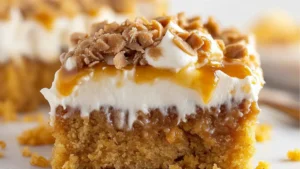 pumpkin spice poke cake in a glass pan with caramel sauce being poured on top