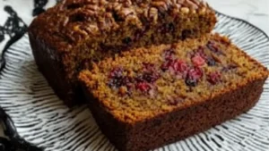 a loaf of cranberry pecan pumpkin bread is cut into slices and stacked on top of each other