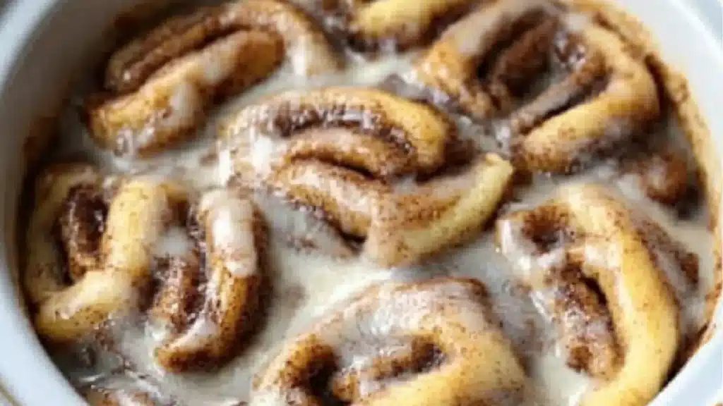 delicious crockpot cinnamon roll casserole with icing on top