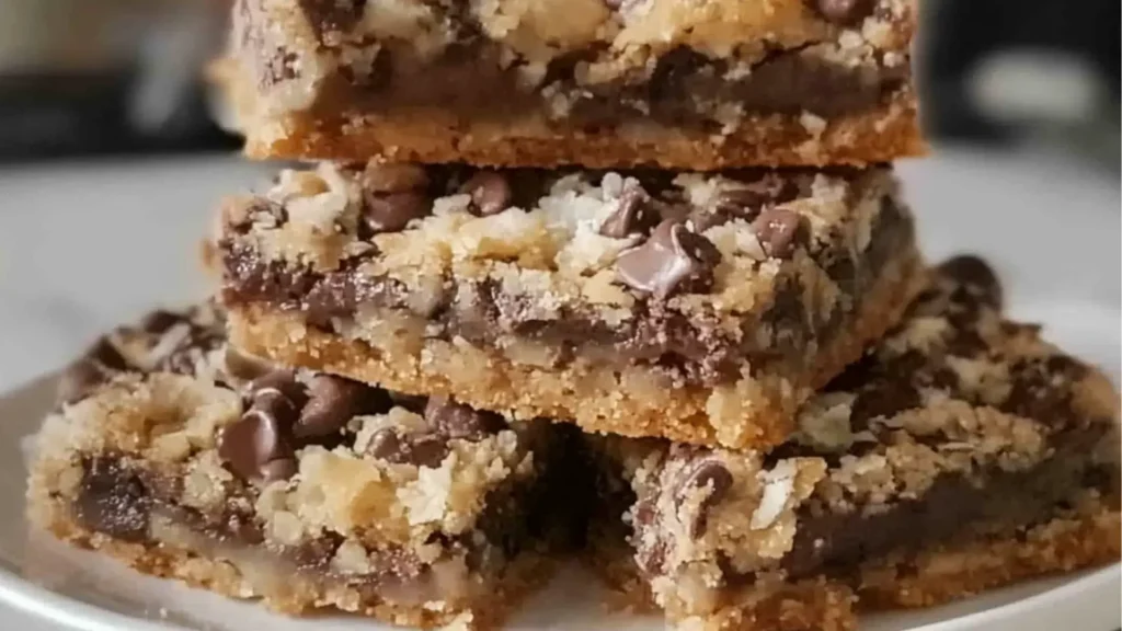chocolate and coconut bars are stacked on top of each other, ready to be eaten