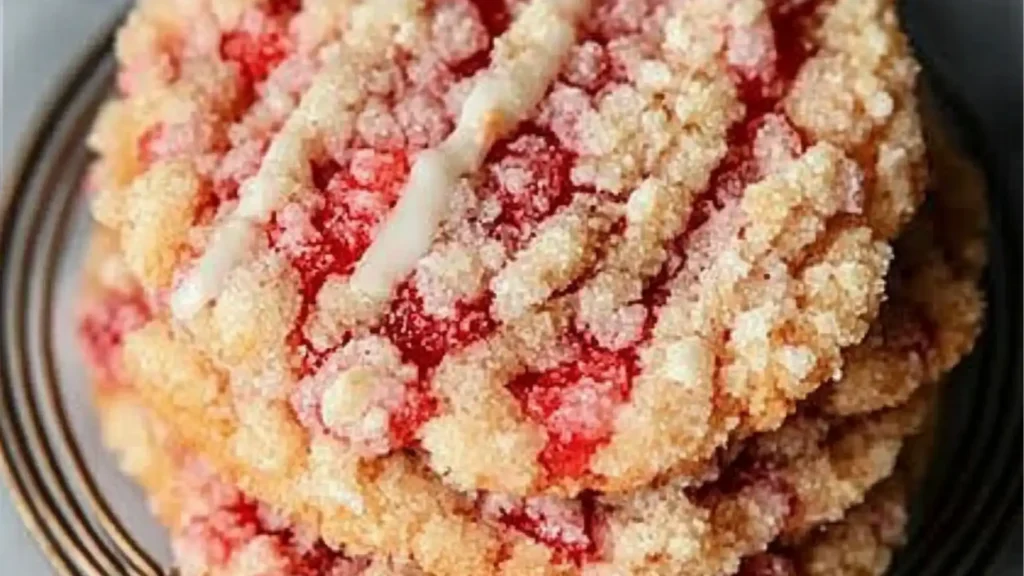 strawberry delight crumb cookies are stacked on top of each other and ready to be eaten