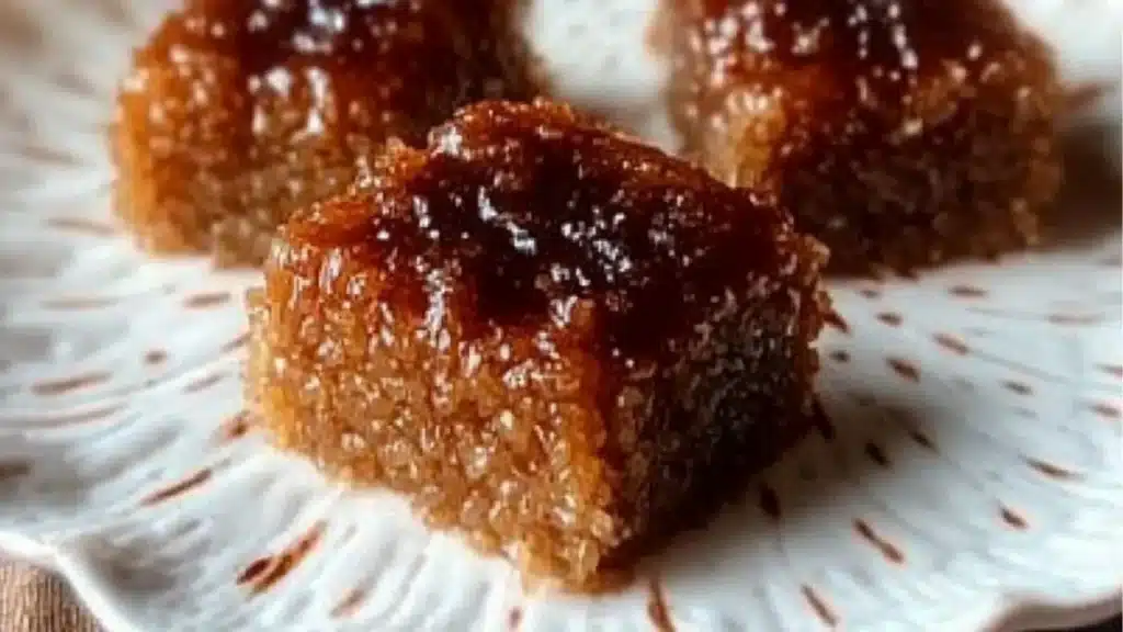 there is a cake in the pan with sauce being poured on it