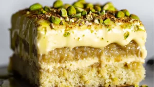 a white plate topped with a piece of cake covered in cream and pistachio