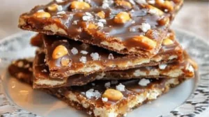 salted caramel pretzel bark with chocolate drizzles on top