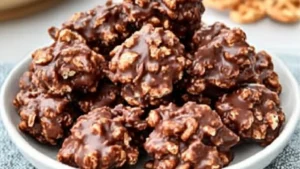 no bake peanut butter pretzel clusters on a plate with text overlay