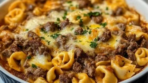 a casserole dish with meat, cheese and sauce in it on a table