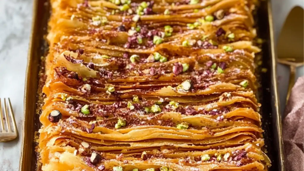 a person holding a spoon in front of a pan filled with crinkle cake
