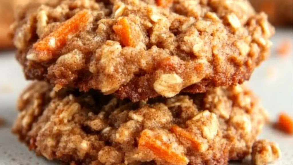 healthy carrot cake oatmeal cookies on top of each other with text overlay